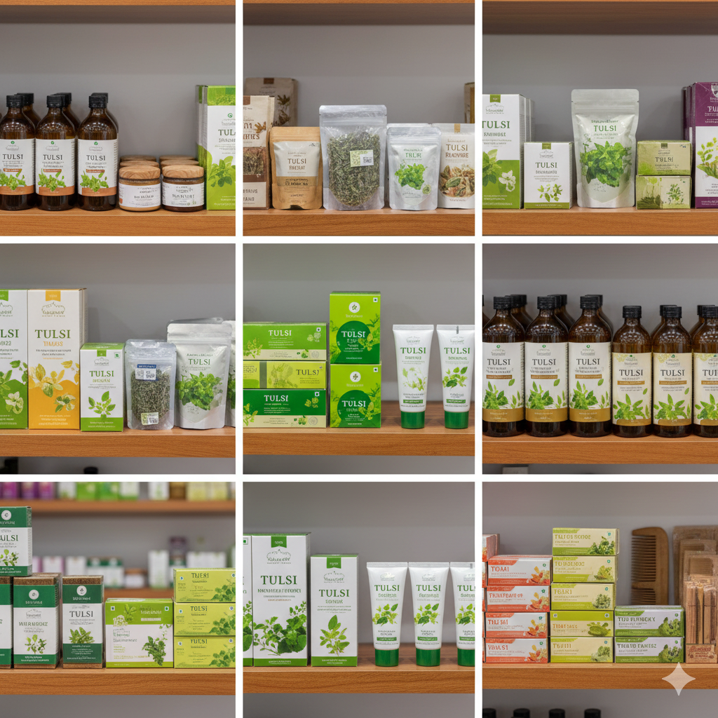 A collage of Ayurvedic product shelves featuring Tulsi-based items.