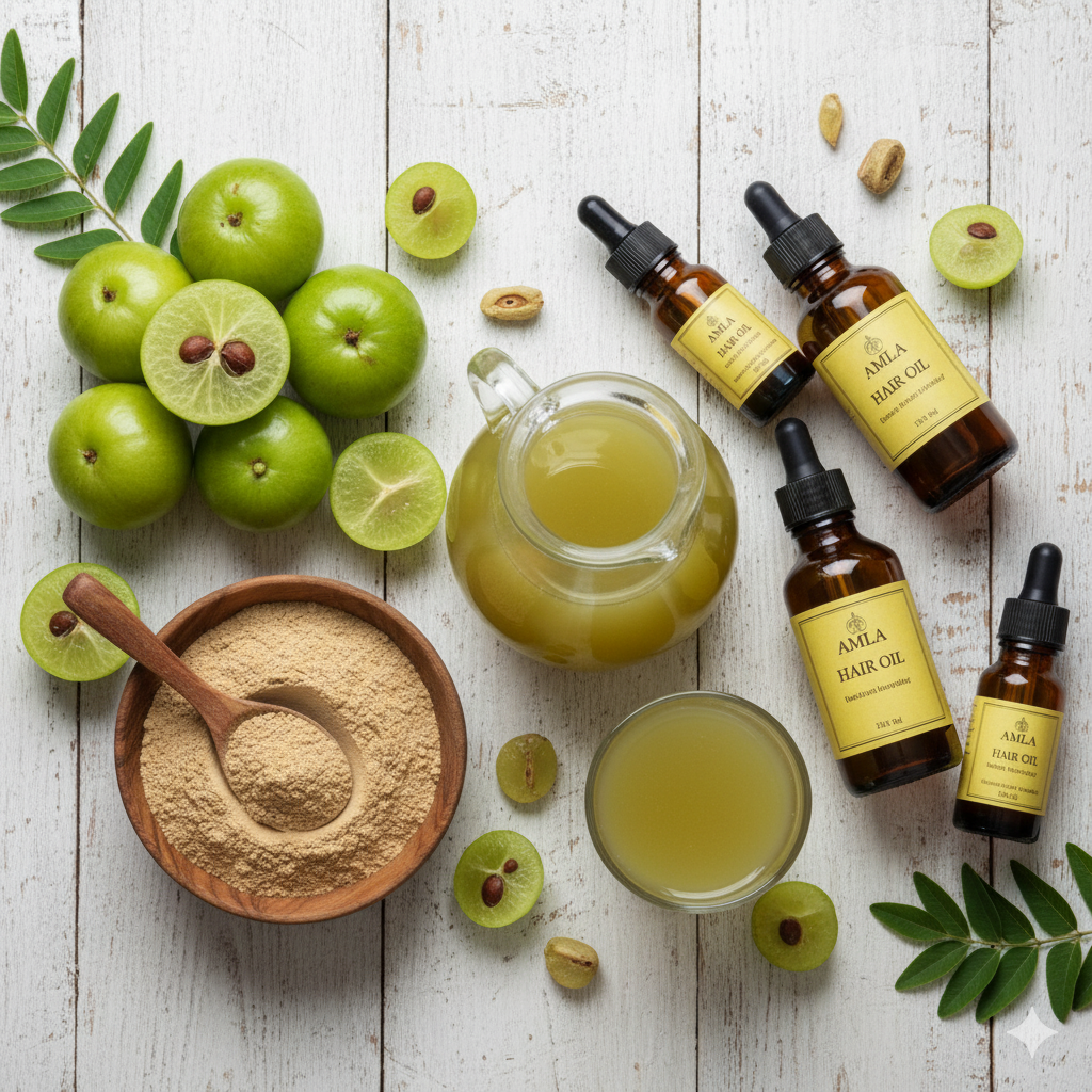 A comparison image showing all forms of Amla – fresh fruit, powder, juice, and oil bottles