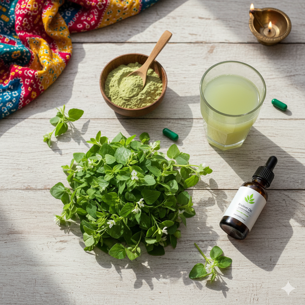 A comparison image showing all forms of Brahmi – fresh leaves, powder, juice, and oil bottle