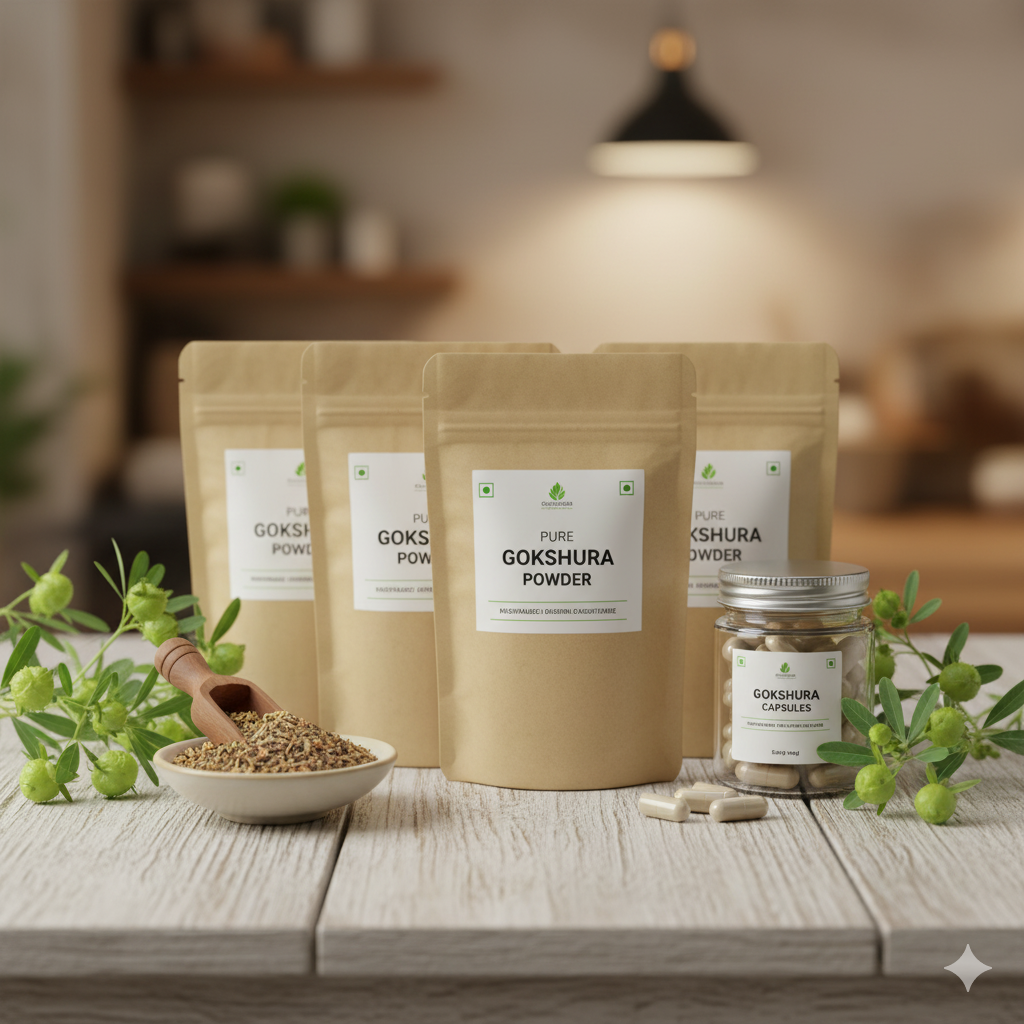 A counter display showing Gokshura powder packets, capsules, and herbal mixes.