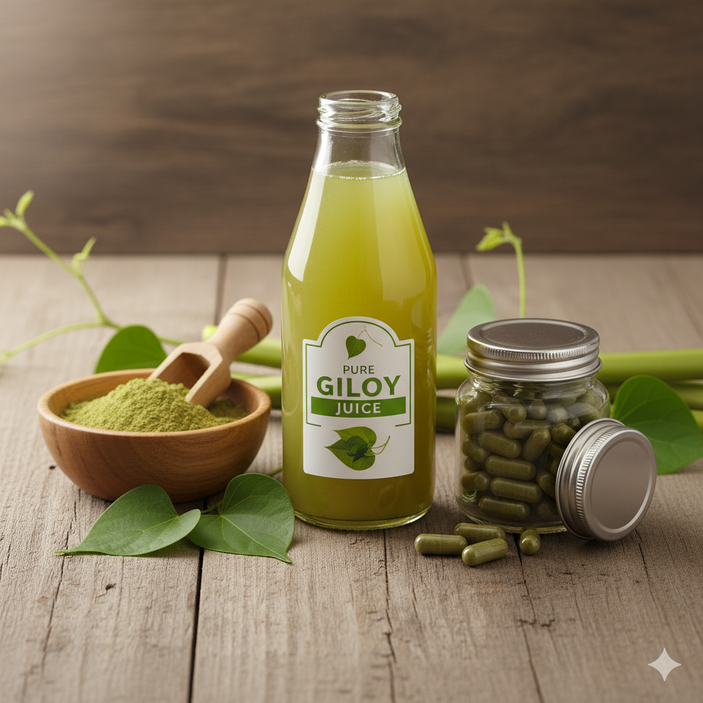 A display of Giloy juice bottles, powder in a bowl, and capsules neatly placed.