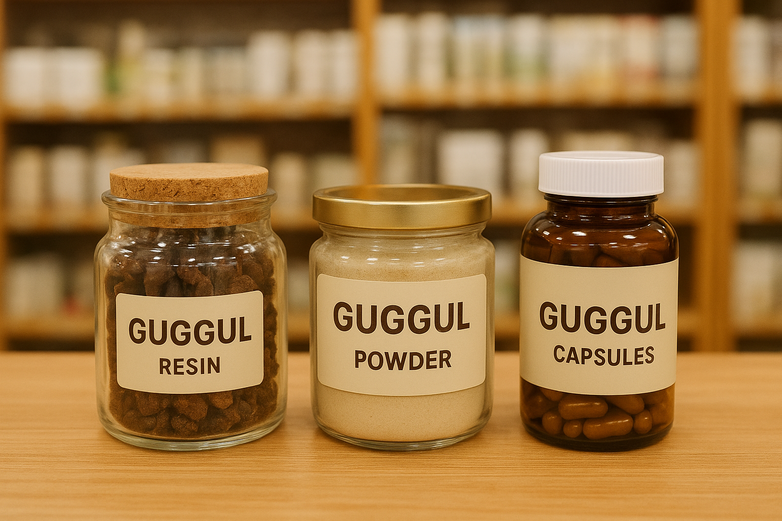 A display of different Guggul products – resin, powder, and capsules on a shop counter