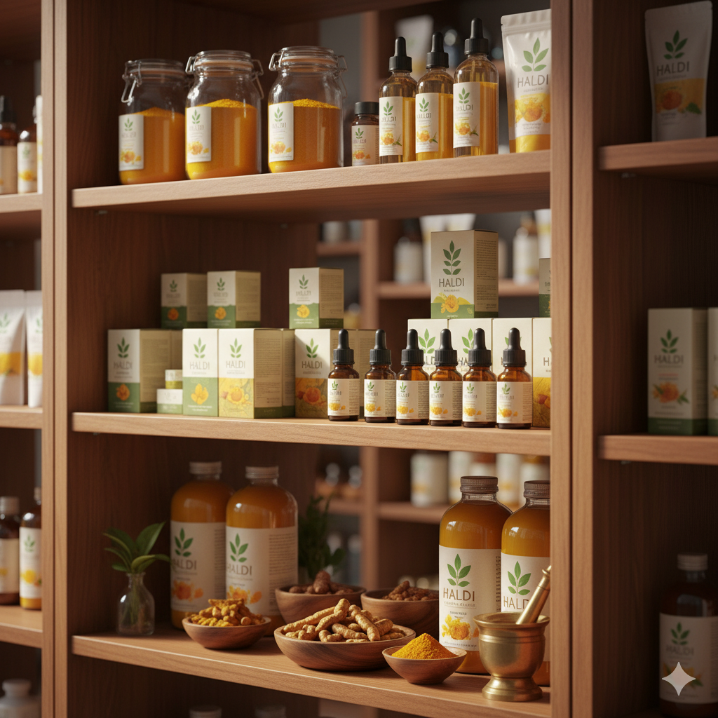 A display shelf of Ayurvedic Haldi powders, capsules, and oils