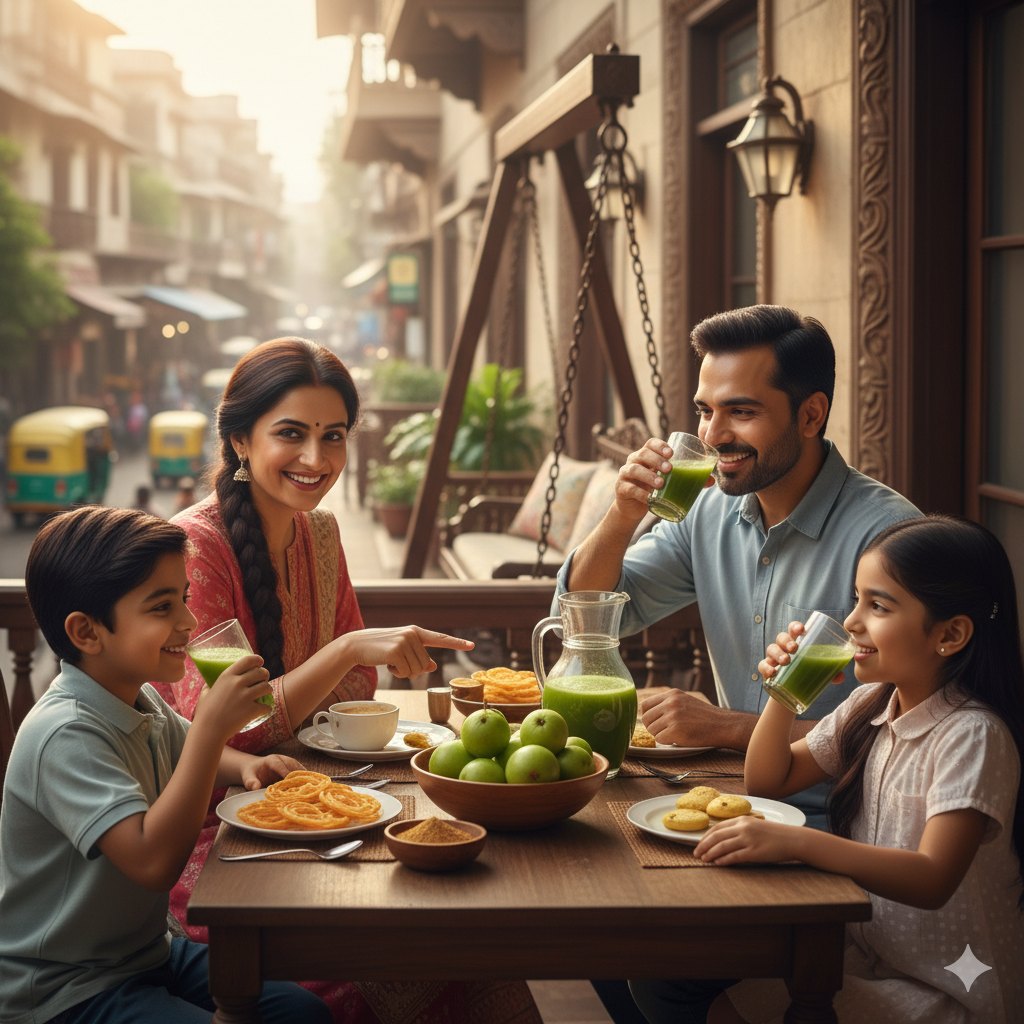 A family in Ahmedabad enjoying Amla juice together at breakfast