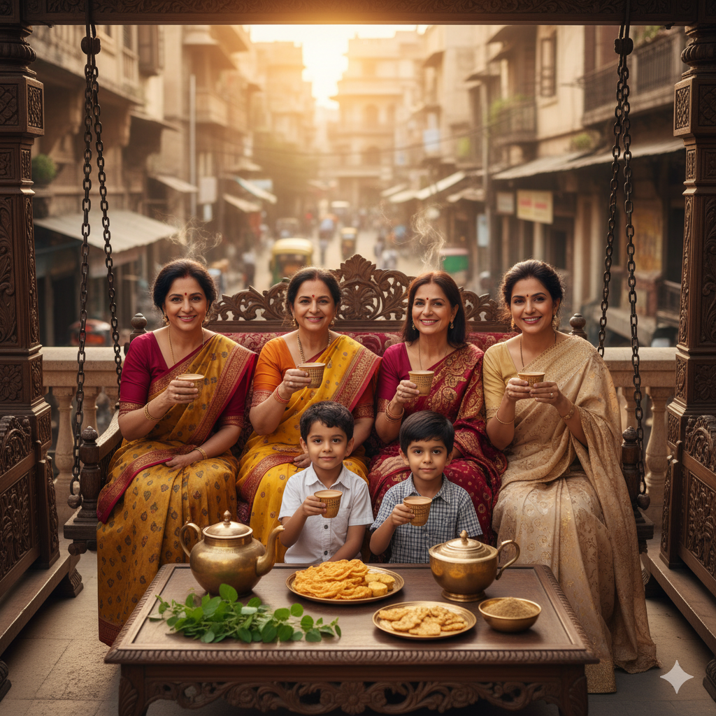 A family in Ahmedabad enjoying evening tea with Brahmi leaves on the table