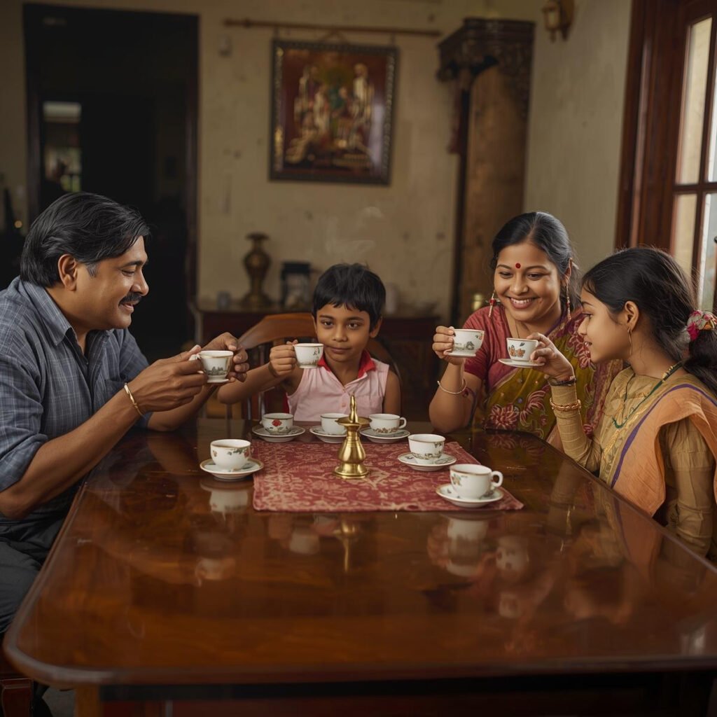 Ahmedabad family sipping ginger tea together at a dining table.