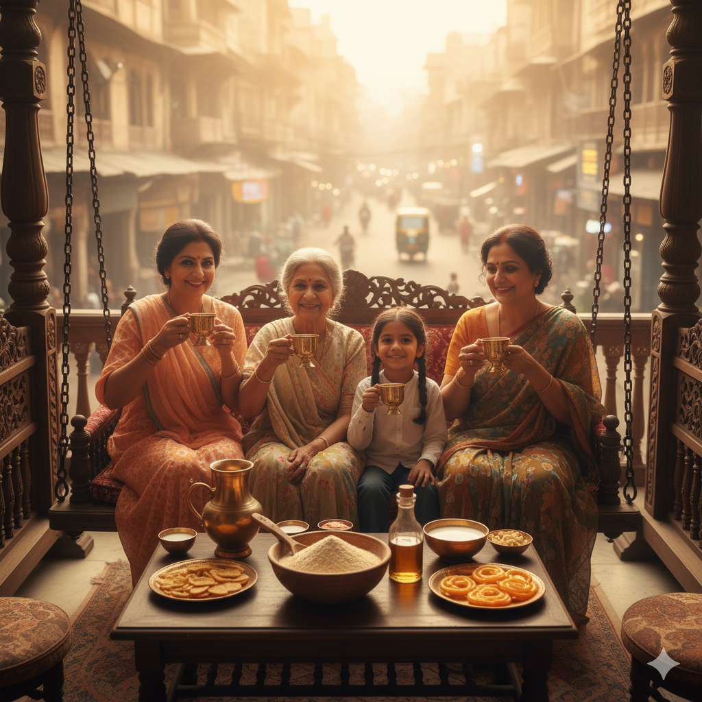 A family in Ahmedabad enjoying herbal drinks together, with Shatavari powder and milk on the table