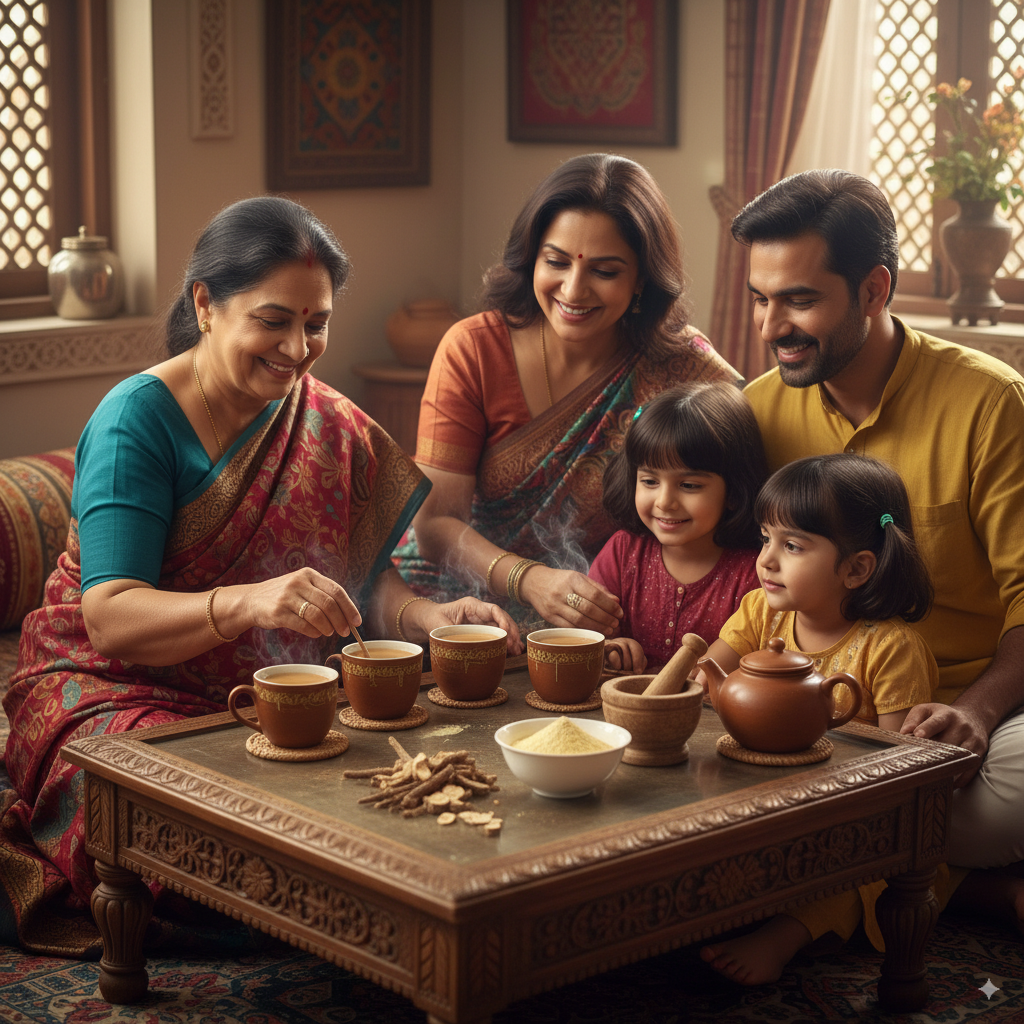 A family sipping mulethi tea together with roots and powder laid out on the table.