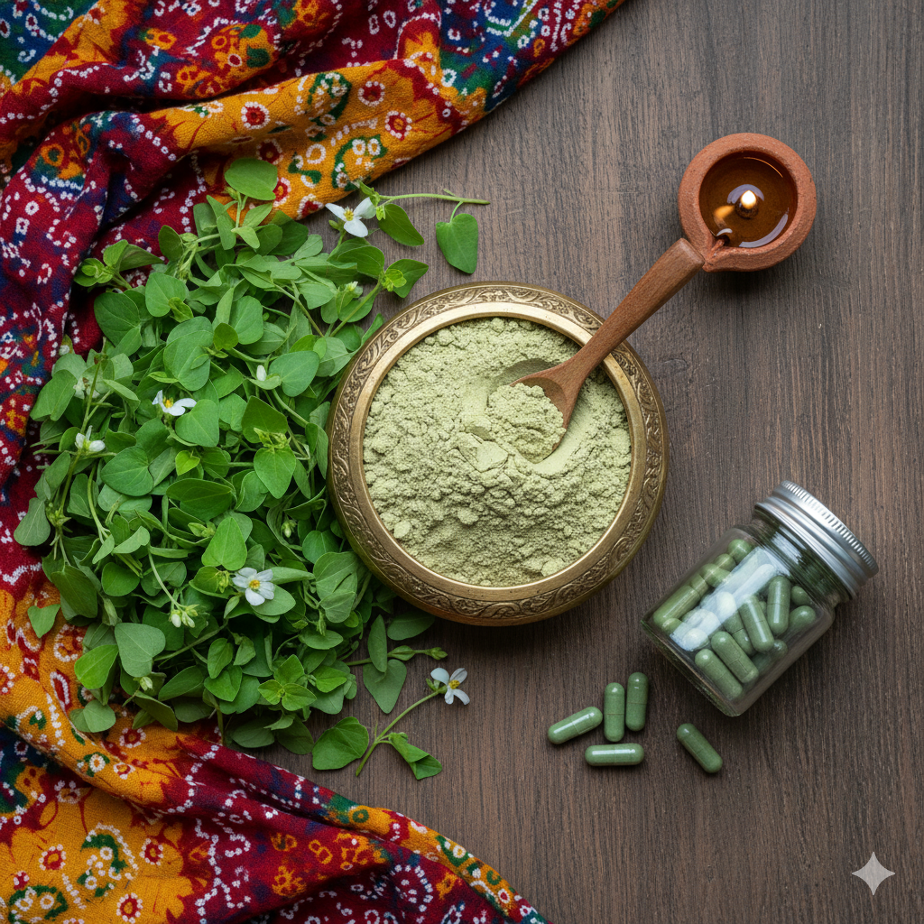 A flat lay of Brahmi leaves, powdered Brahmi in a bowl, and Brahmi capsules with a Gujarati-style backdrop