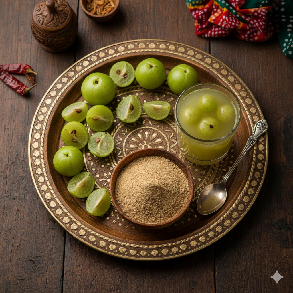 A flat lay of fresh Amla fruits, Amla powder in a wooden bowl, and Amla juice in a glass with a Gujarati touch (like a traditional thali or wooden tray