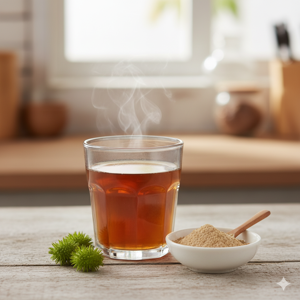 A glass of herbal decoction with Gokshura powder beside it.