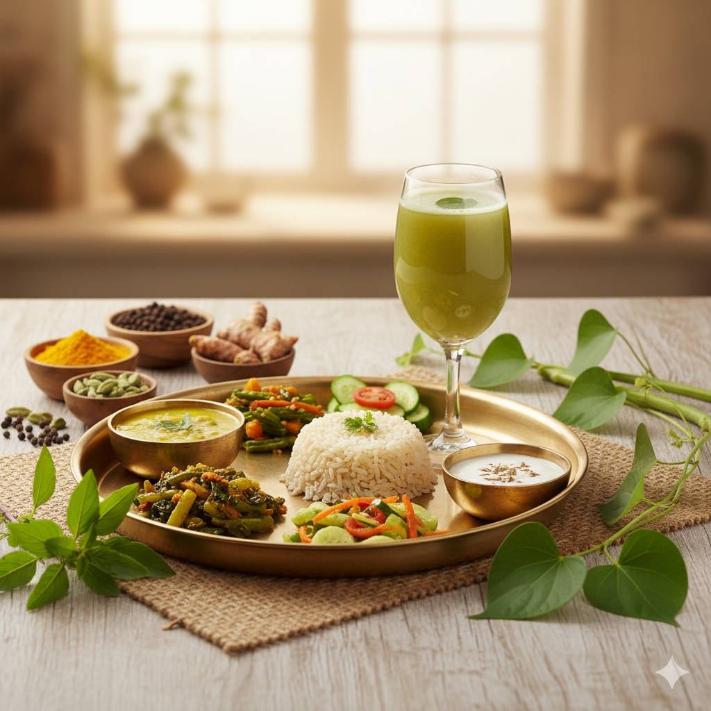 A healthy meal setup with a glass of Giloy juice and Ayurvedic herbs.