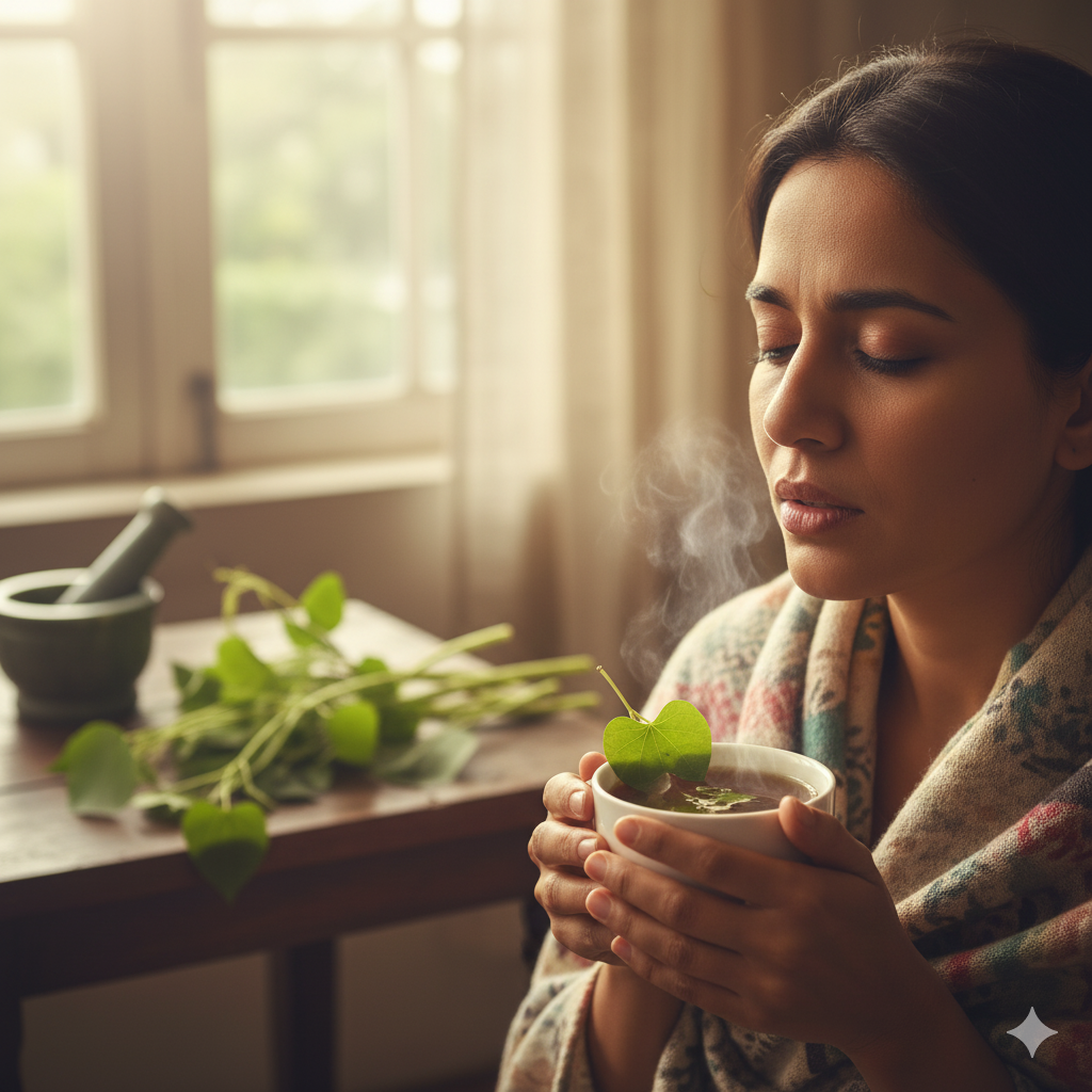 A patient with fever holding herbal kadha with Giloy stems in the background