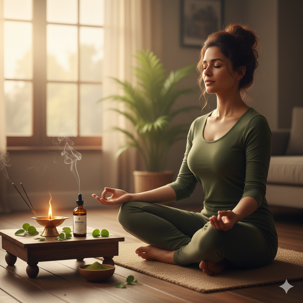 A peaceful person meditating with Brahmi oil placed beside a lamp