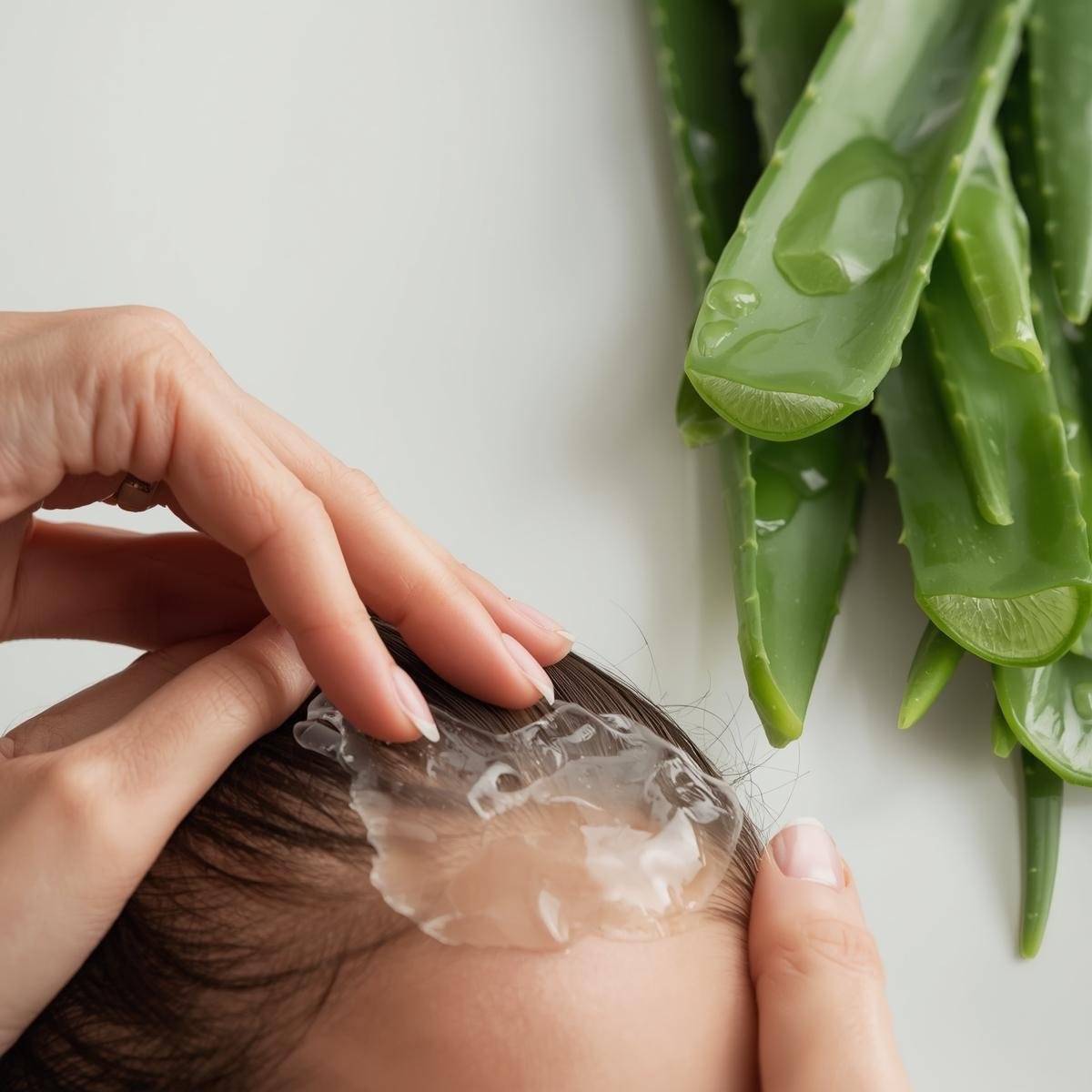 A young female applying Aloe Vera gel on her face with Aloe Vera leaves nearby.