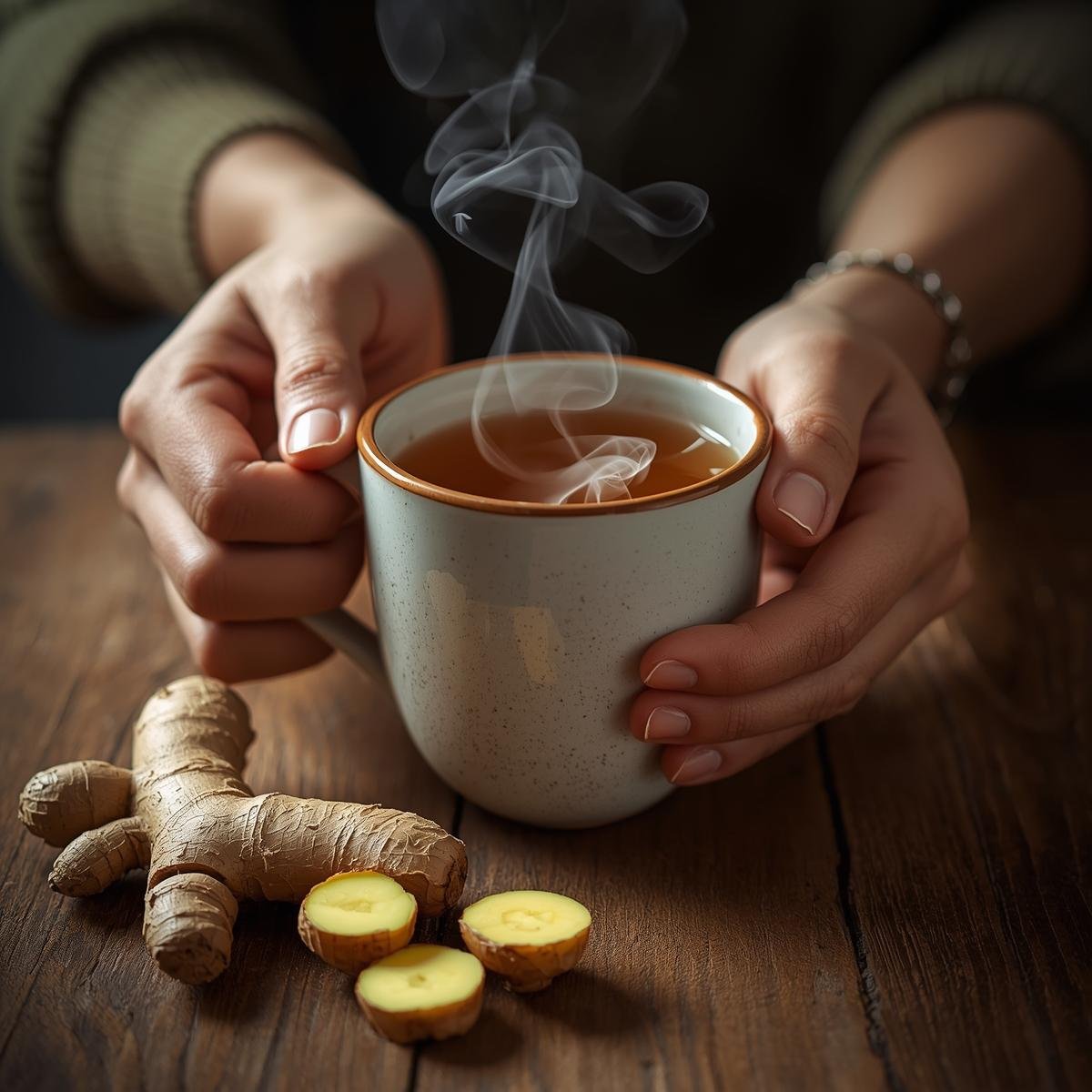 A individual sipping hot ginger tea with steam on the glass, ginger roots kept aside.