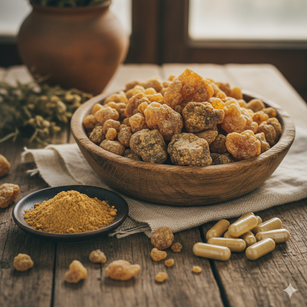 A rustic photo of Guggul resin crystals in a bowl alongside powdered Guggul and capsules