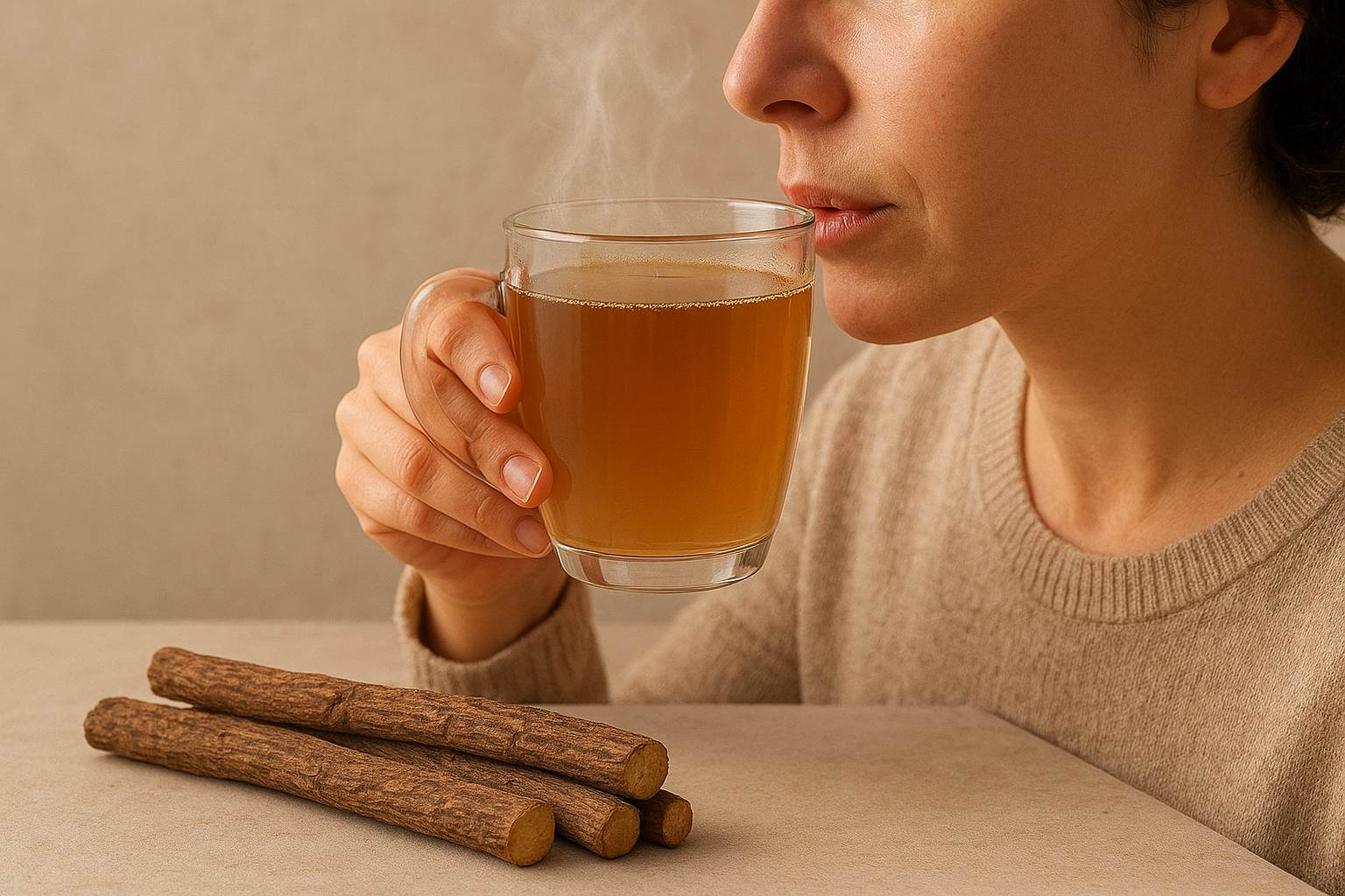 A setup of mulethi roots, jar with powder, and capsules placed in order on a countertop.