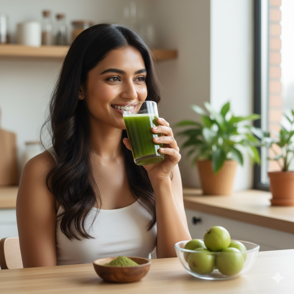 A smiling person drinking Amla juice with glowing skin in natural daylight