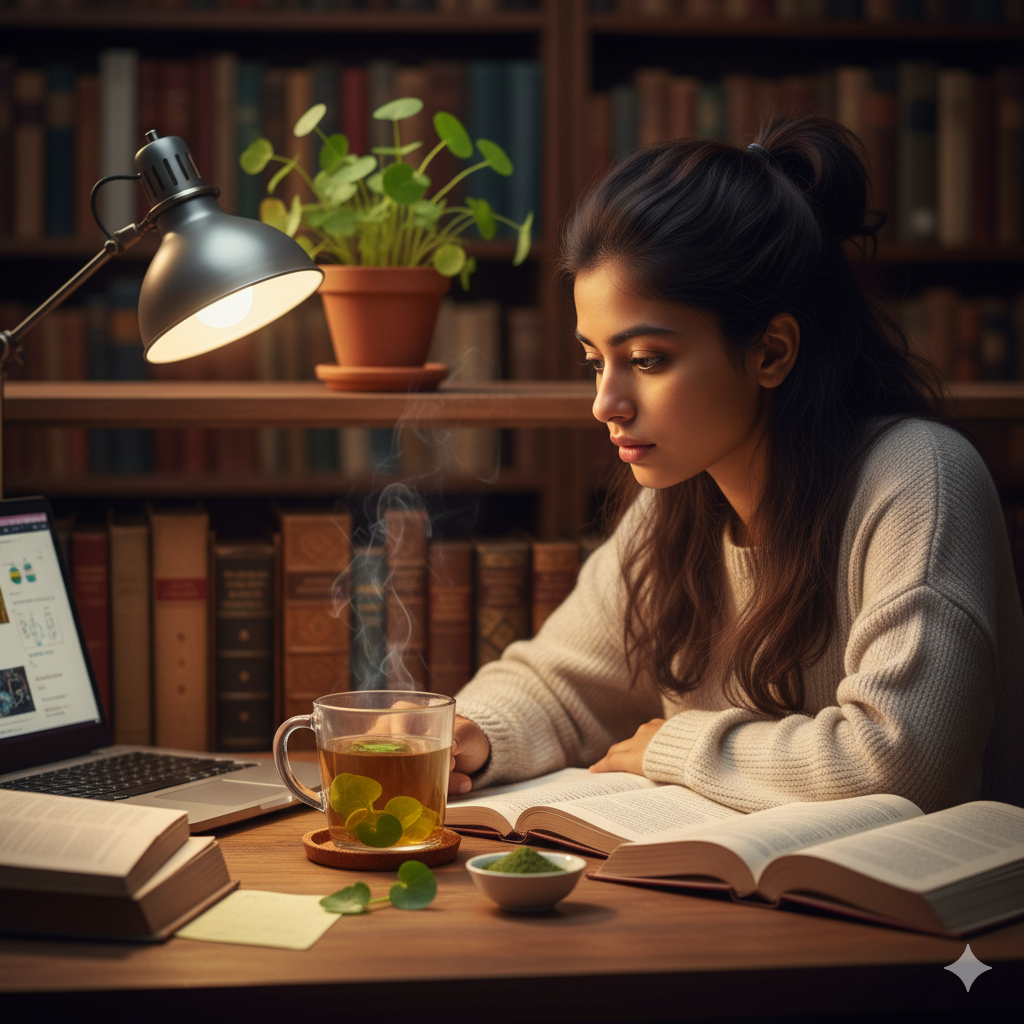 A student studying with a cup of Brahmi tea beside books
