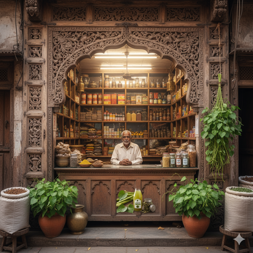 A traditional Ayurvedic shop in Ahmedabad displaying Giloy products.
