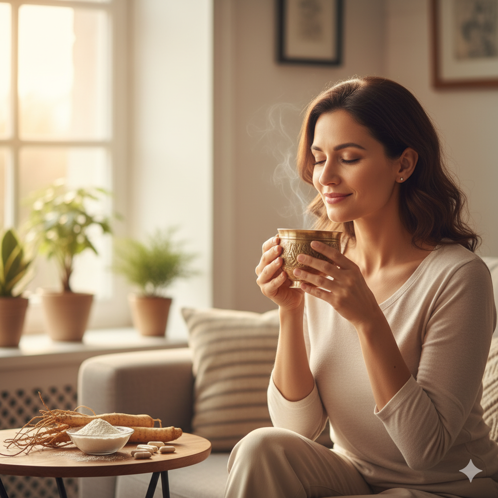 A woman enjoying a cup of Shatavari milk with a calm and happy expression