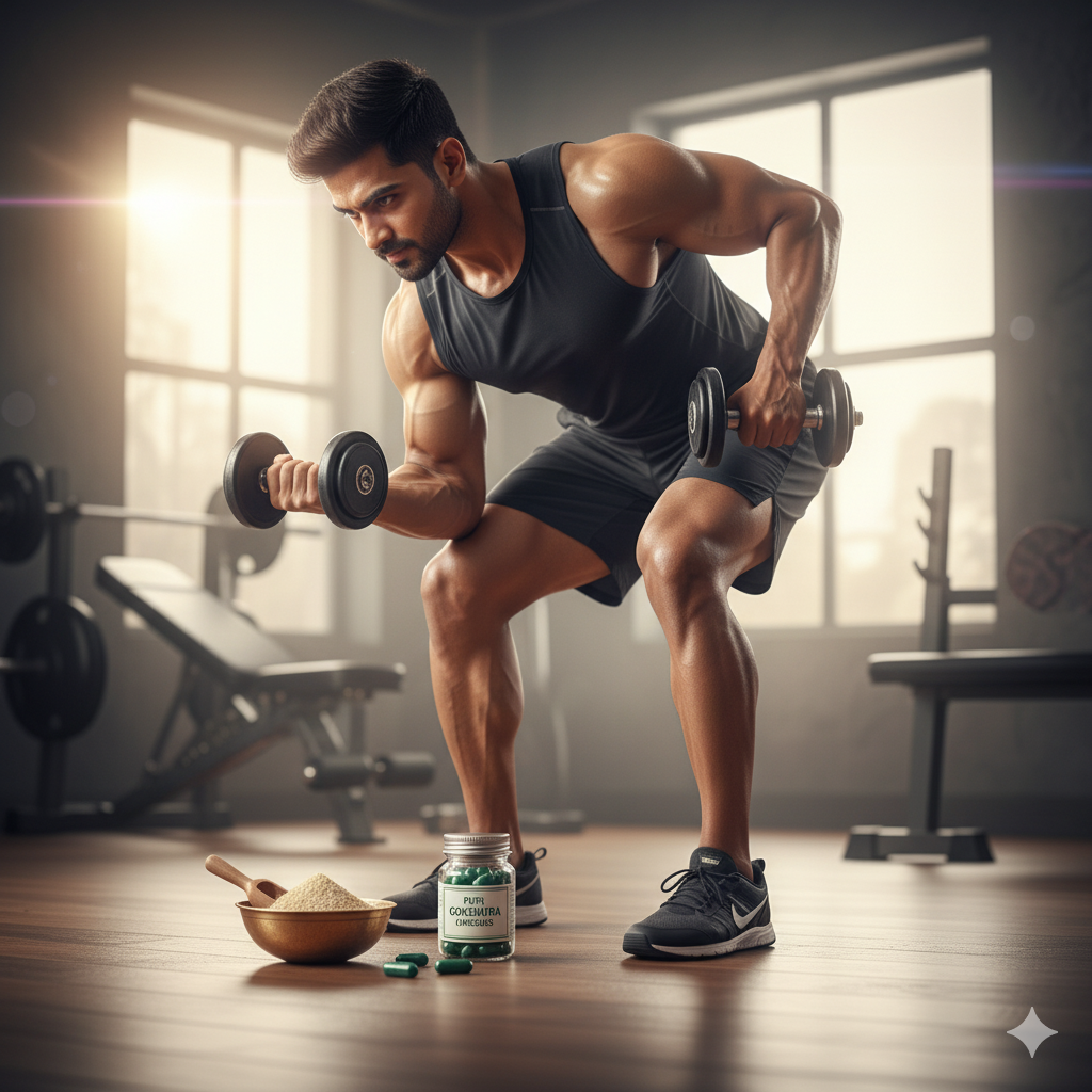 A young man exercising with dumbbells, with Gokshura capsules placed nearby.