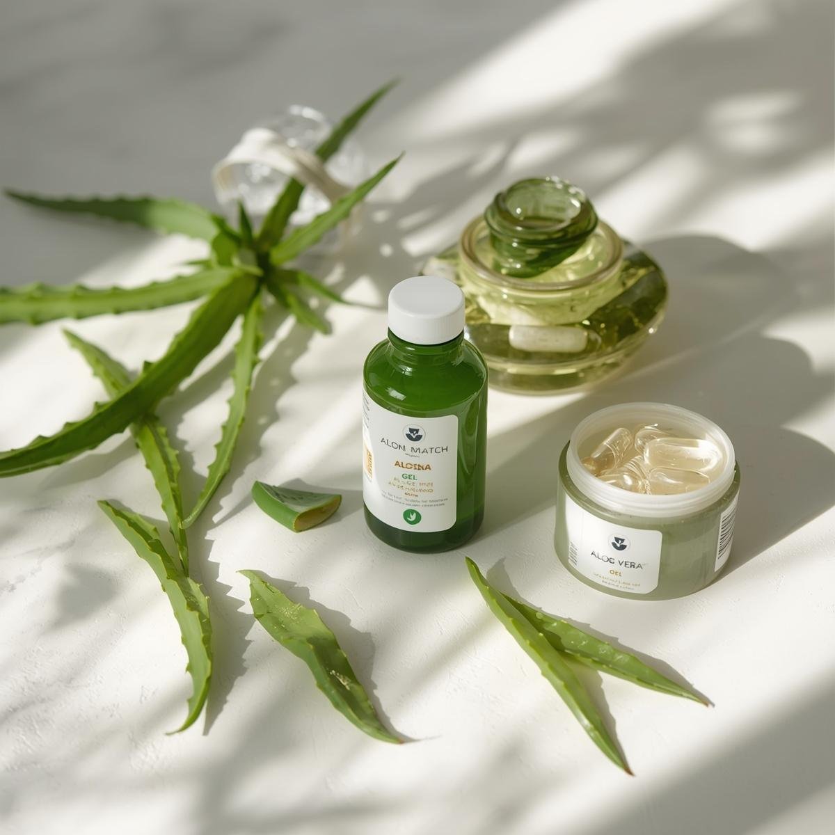 Aloe Vera gel jar, juice bottle, and capsules arranged neatly on a counter with fresh leaves.