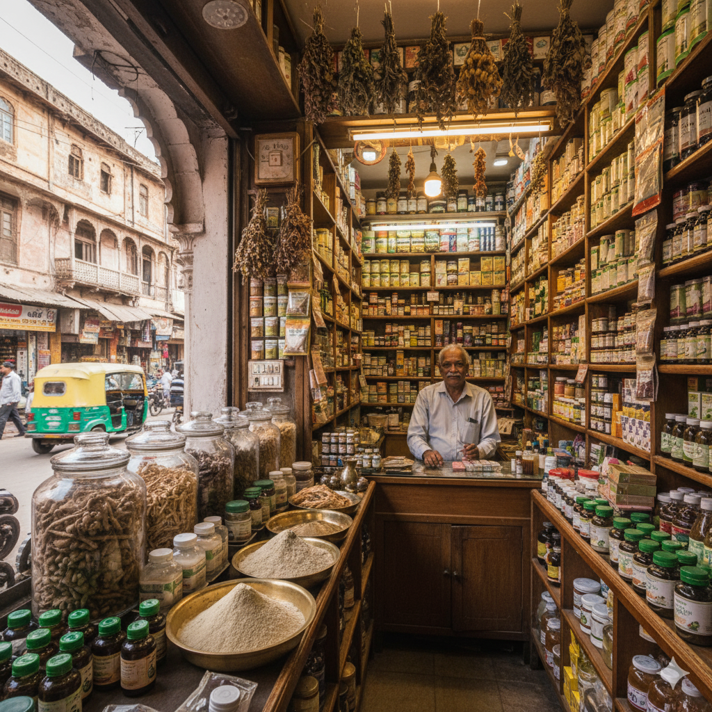 An Ayurvedic shop in Ahmedabad showcasing shelves filled with herbal products including Shatavari powders and capsules
