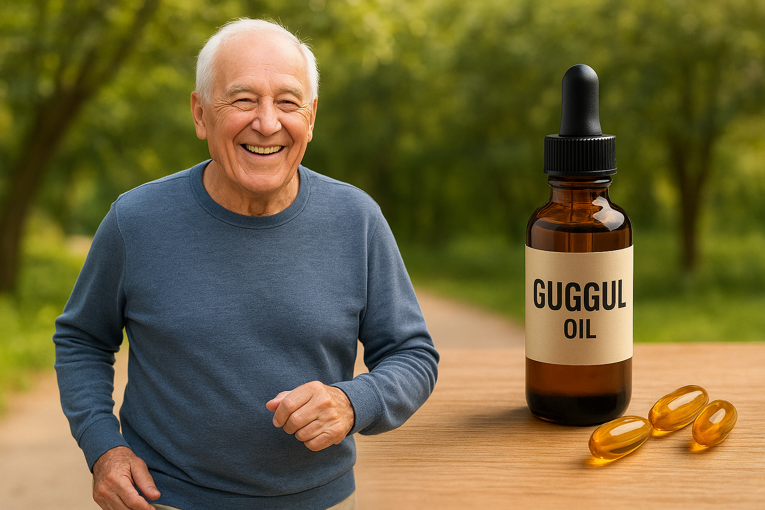 An elderly person smiling while walking, with Guggul oil and capsules placed beside them