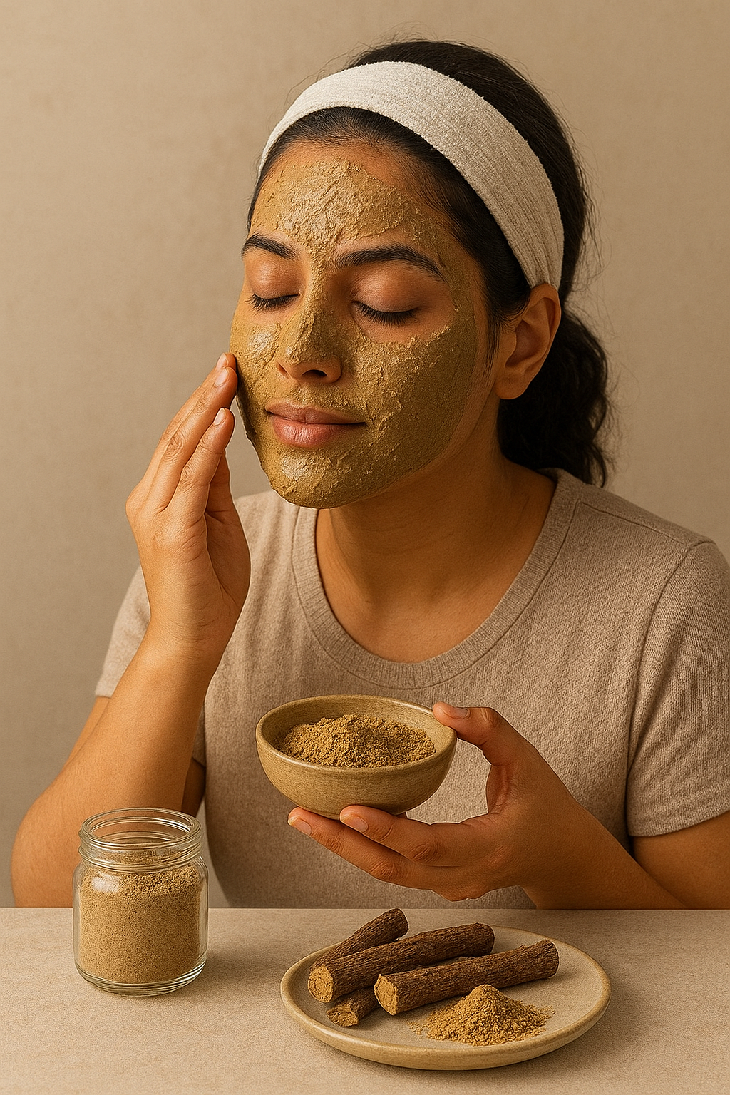 An individual sipping warm mulethi tea with vapor ascending, mulethi roots kept in the vicinity.