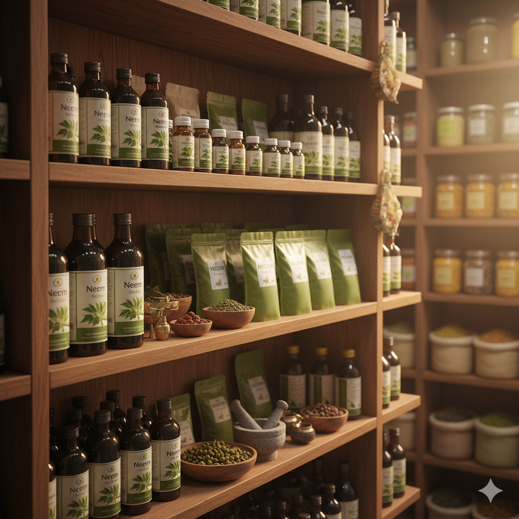 Ayurvedic shop shelves displaying Neem powders, juices, and oils