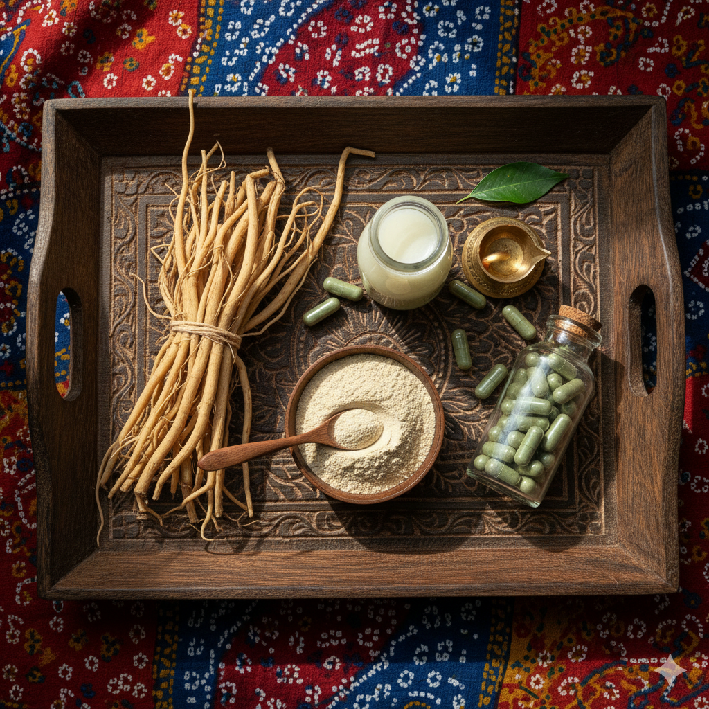 Different Shatavari forms displayed side-by-side – roots, powder, capsules, and juice