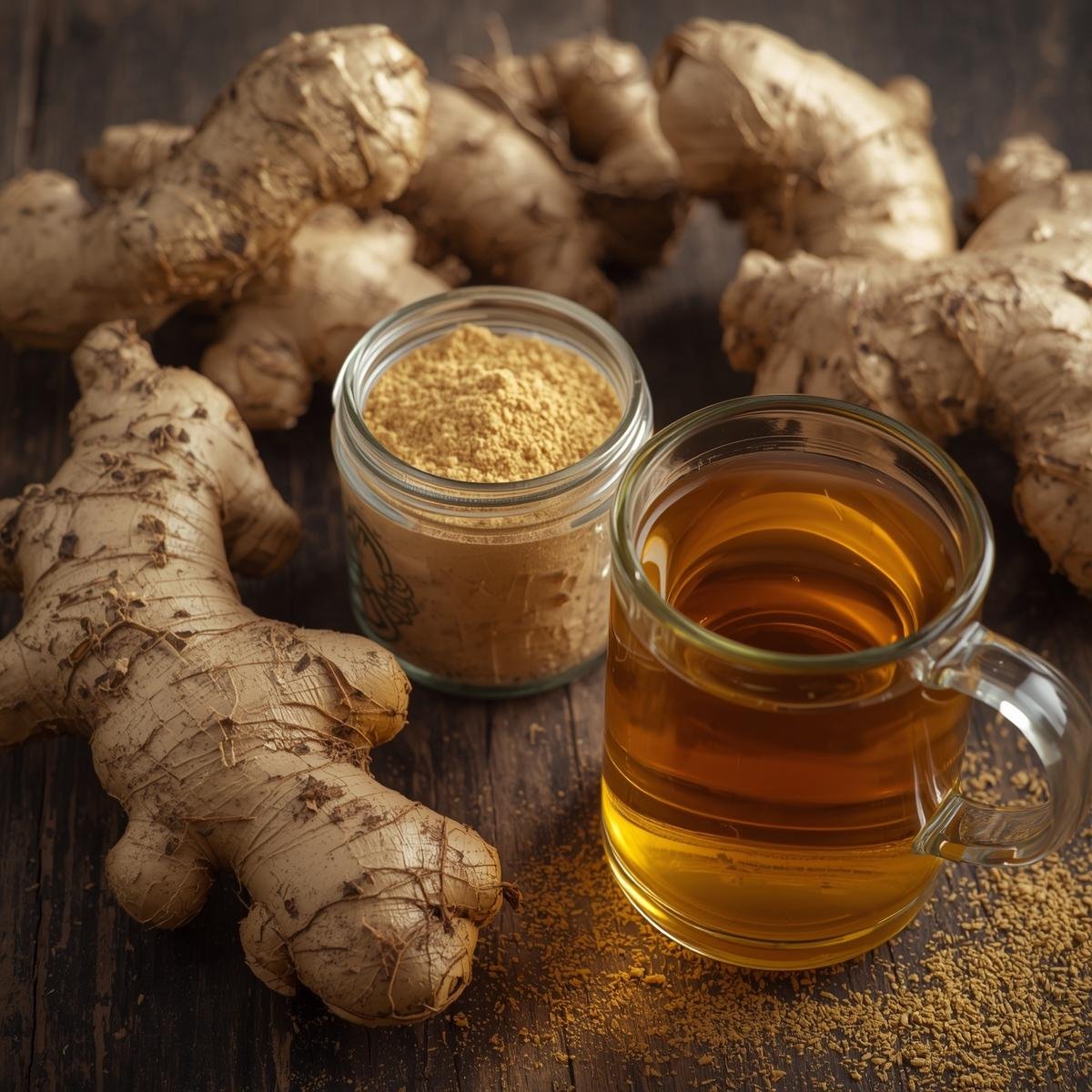 Fresh ginger root display, powder in a jar, and ginger tea in a cup.