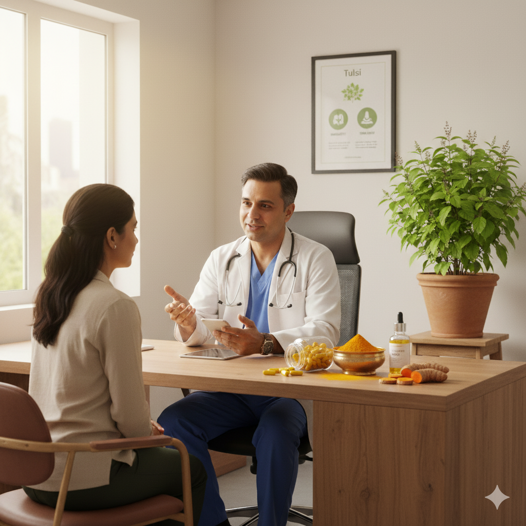 Image Idea Doctor consultation + turmeric capsules on a desk.