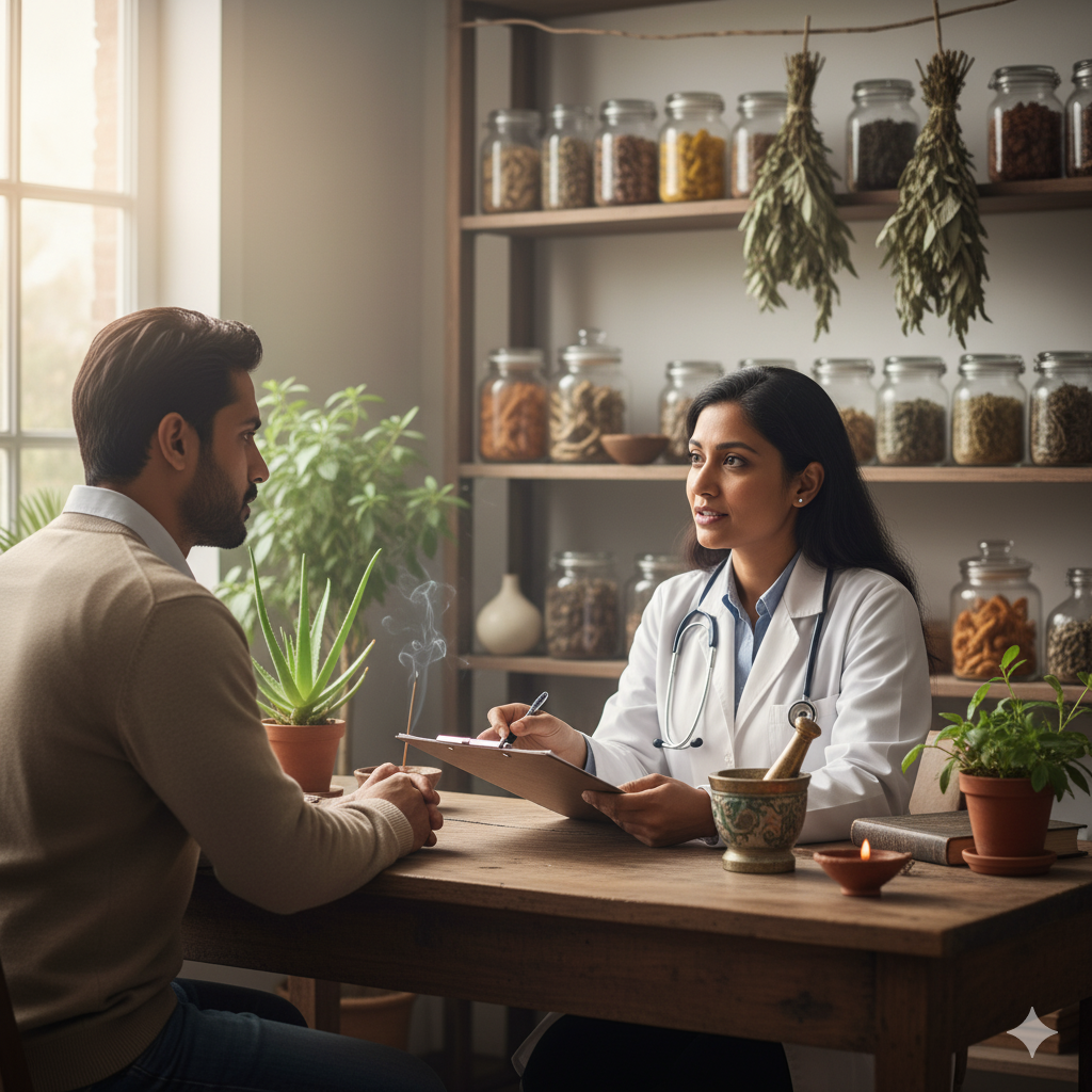 Doctor consultation with herbal background.