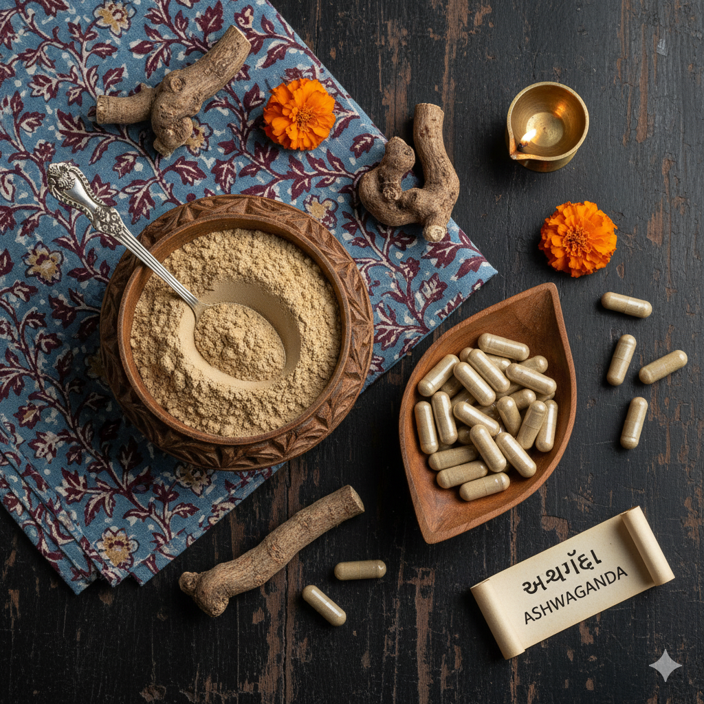 Flat lay of Ashwagandha powder and capsules with a local vibe, maybe Gujarati-style wooden bowls.