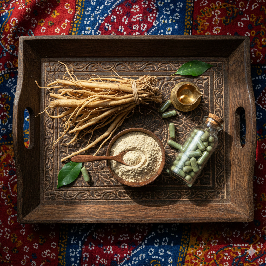 Fresh Shatavari roots, powdered Shatavari in a bowl, and capsules placed on a wooden tray with a Gujarati backdrop