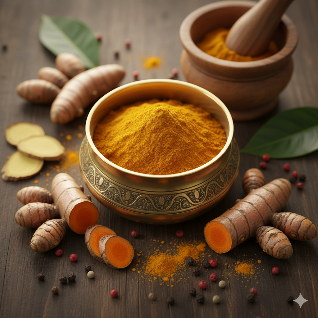 Fresh turmeric roots and turmeric powder in a traditional brass bowl