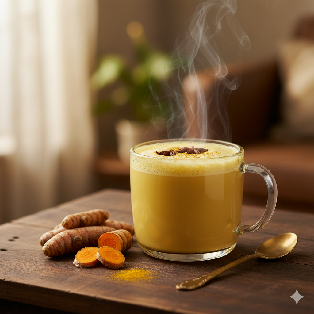 Golden milk (turmeric latte) in a cup with turmeric roots beside it