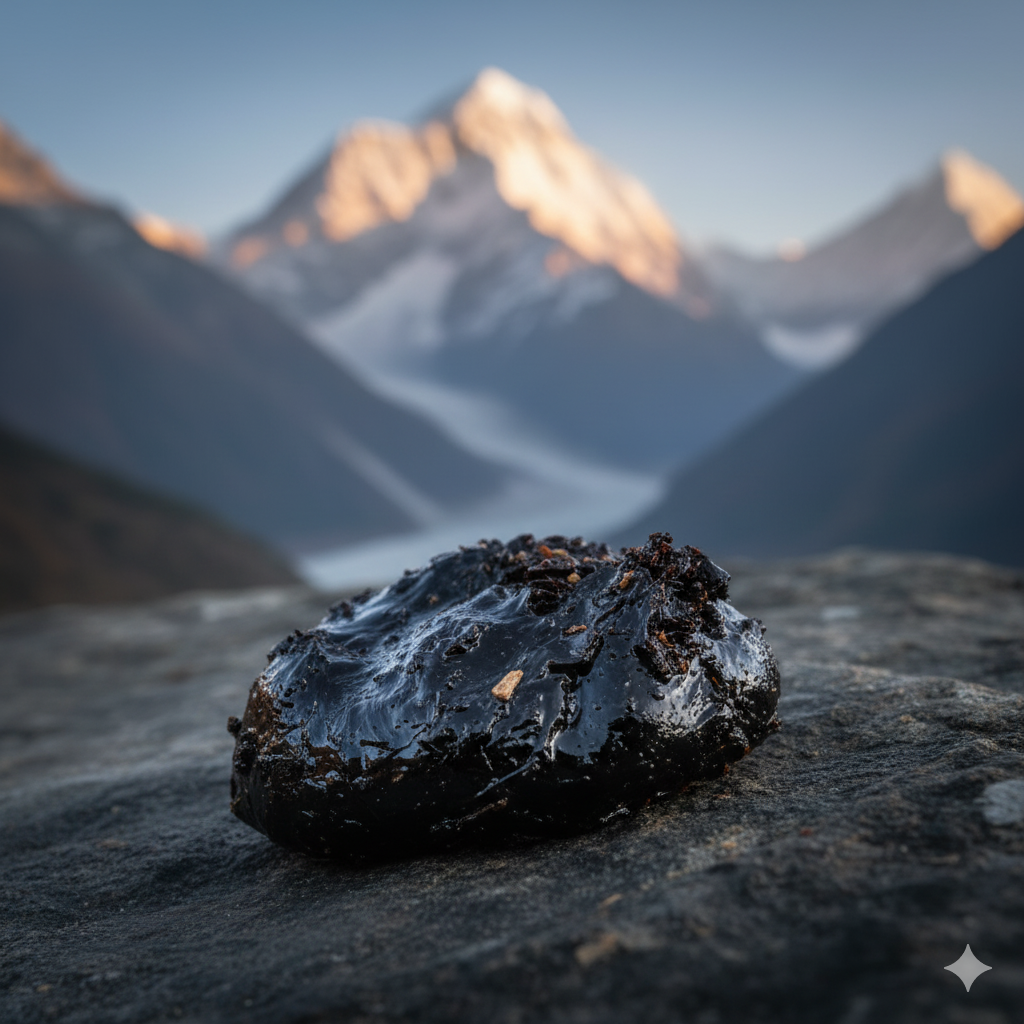Himalayan mountains with a close-up of Shilajit resin