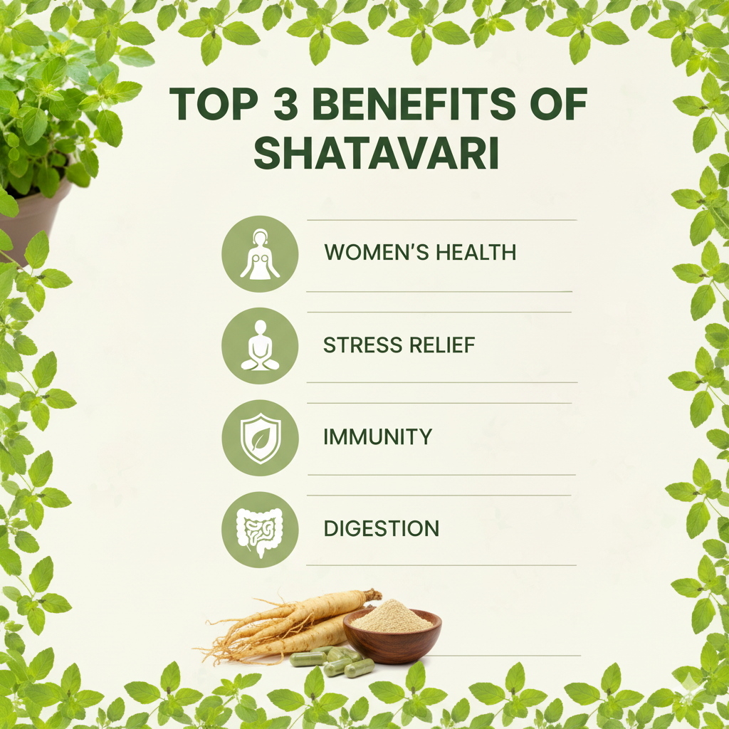 Infographic highlighting Shatavari benefits for women’s health, immunity, and digestion
