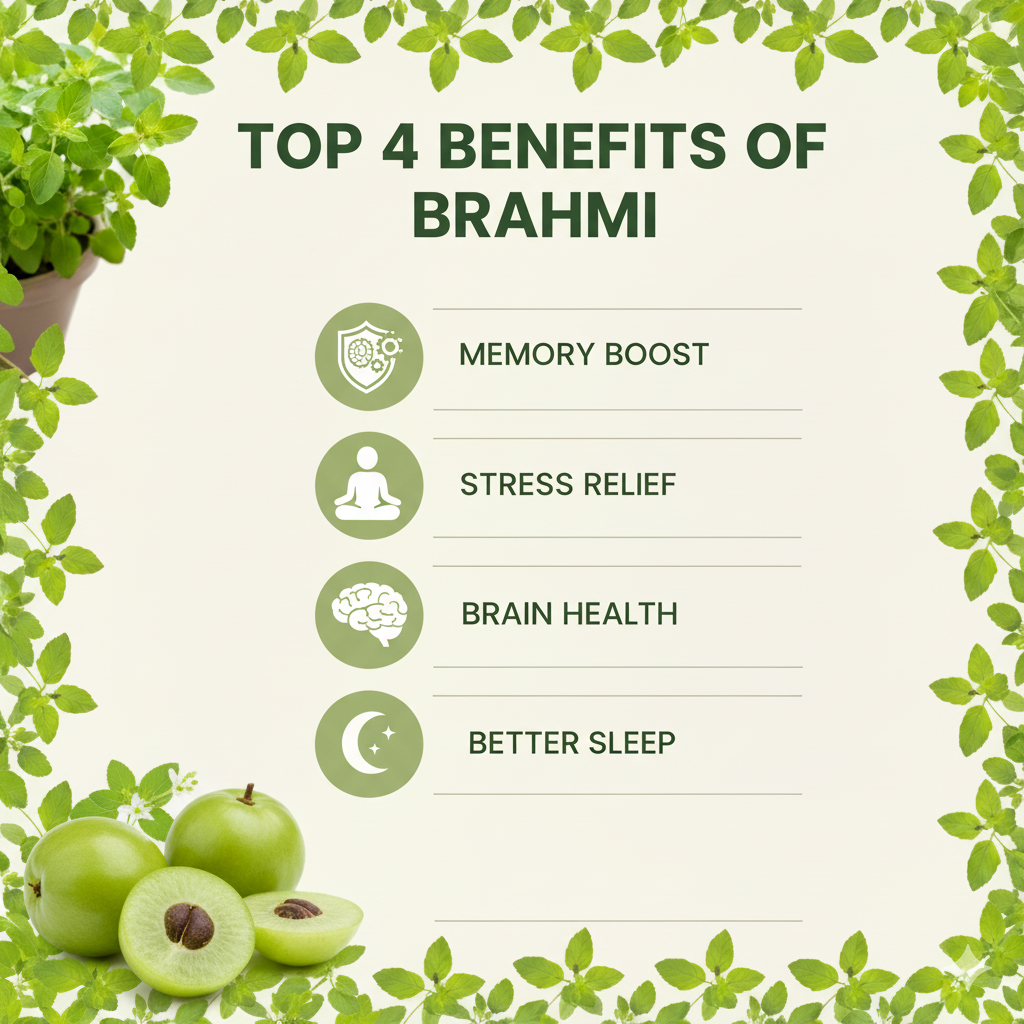Infographic showing Brahmi benefits – memory boost, stress relief, brain health, better sleep