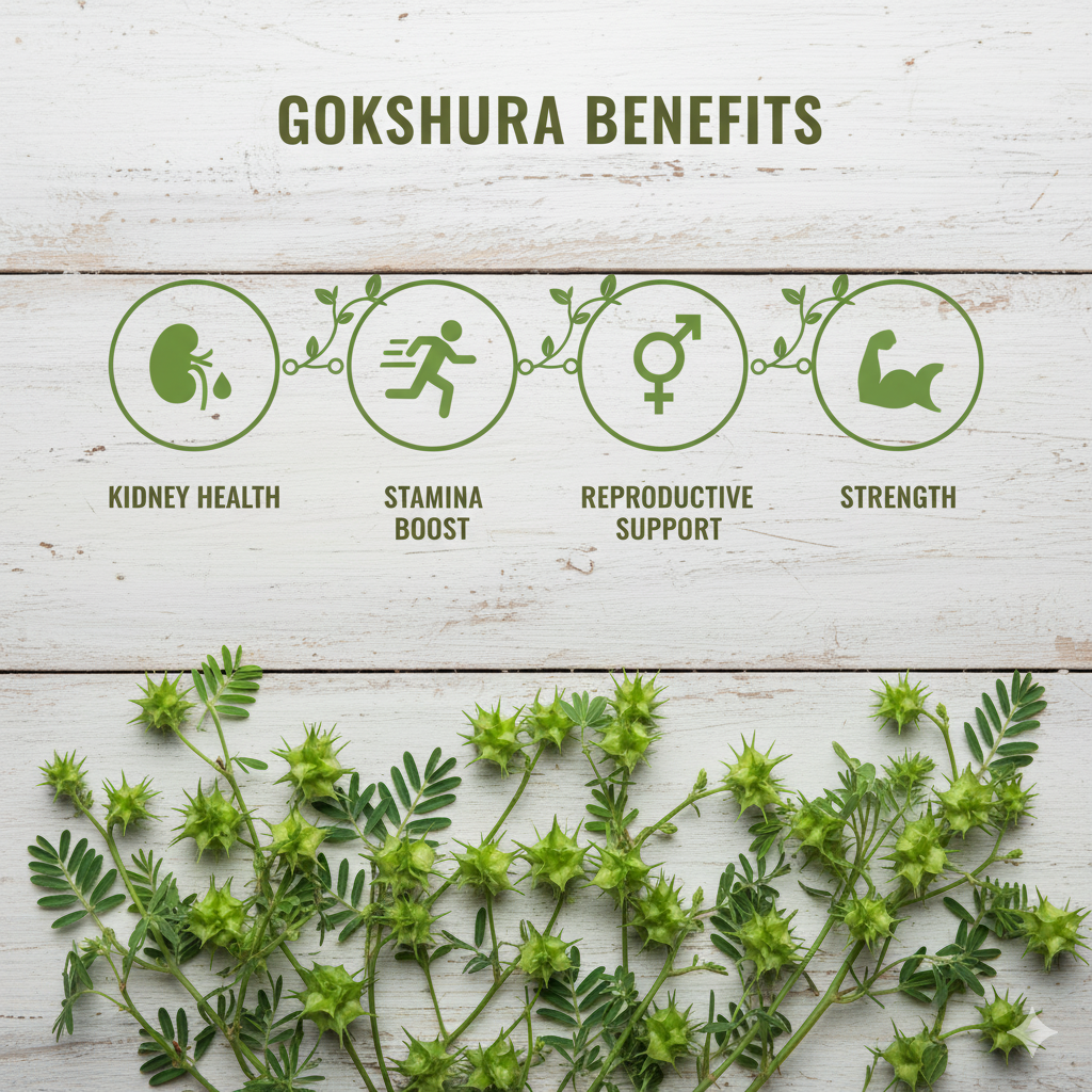 Infographic showing Gokshura benefits – kidney health, stamina boost, reproductive support, strength.
