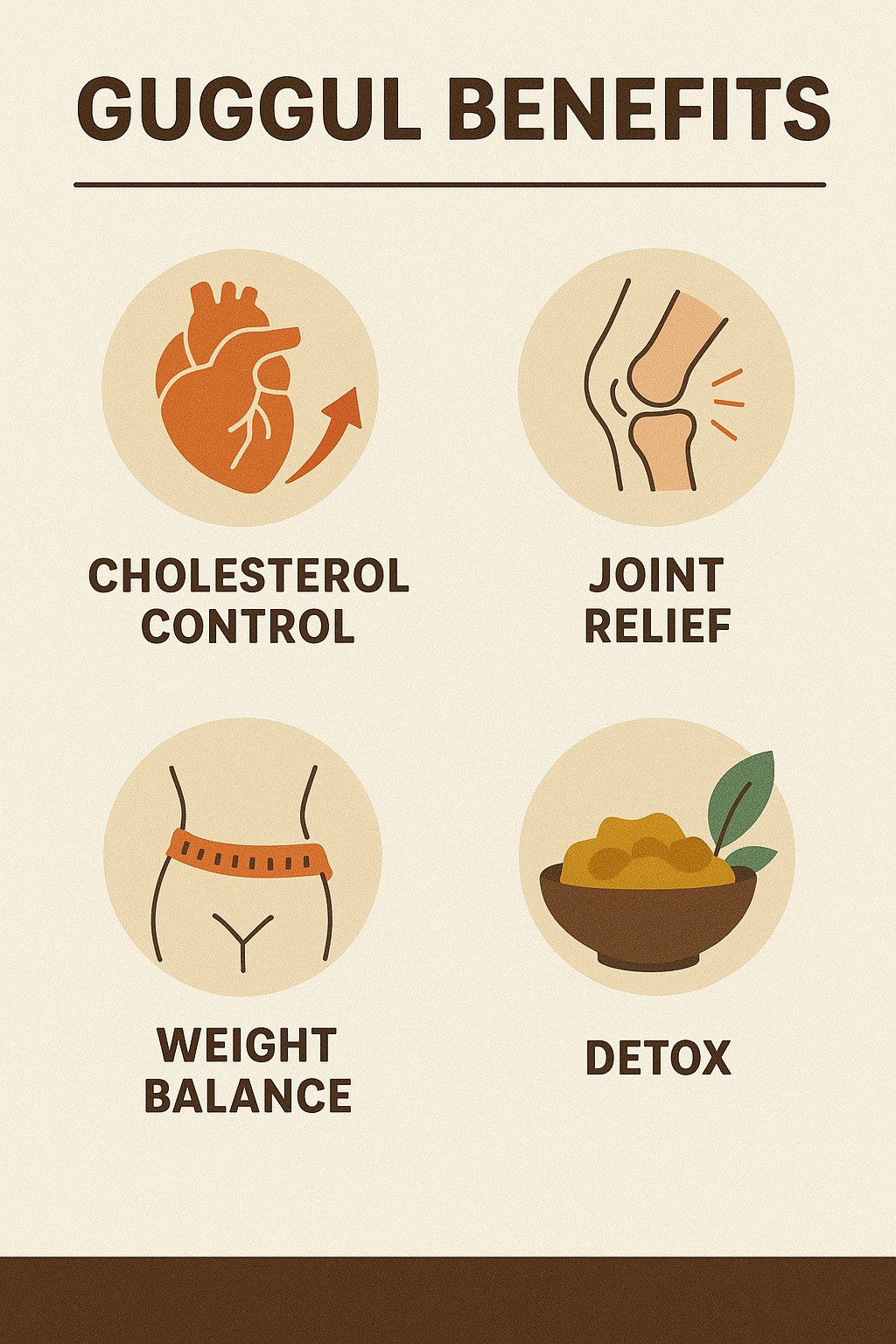 Infographic showing Guggul benefits – cholesterol control, joint relief, weight balance, detox