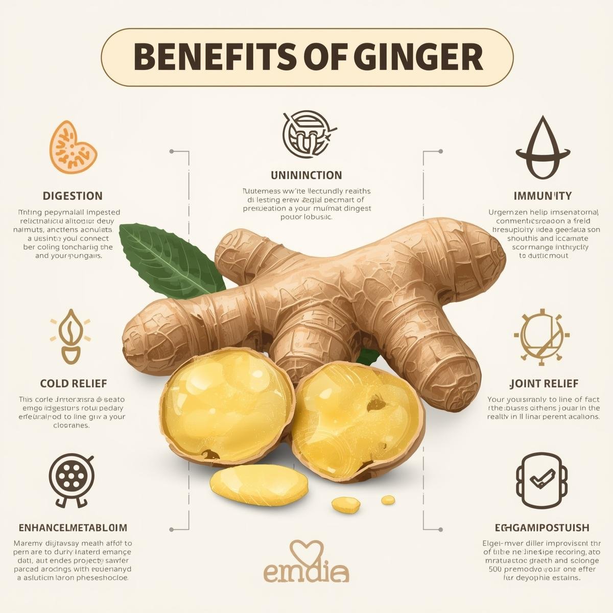 Infographic illustrating ginger benefits – digestion, immunity, cold relief, joint health, metabolism.