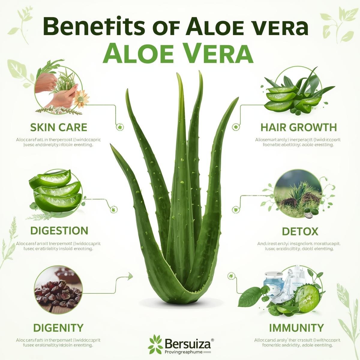 Infographic of Aloe Vera advantages – skin care, hair growth, digestion, detox, and immunity.