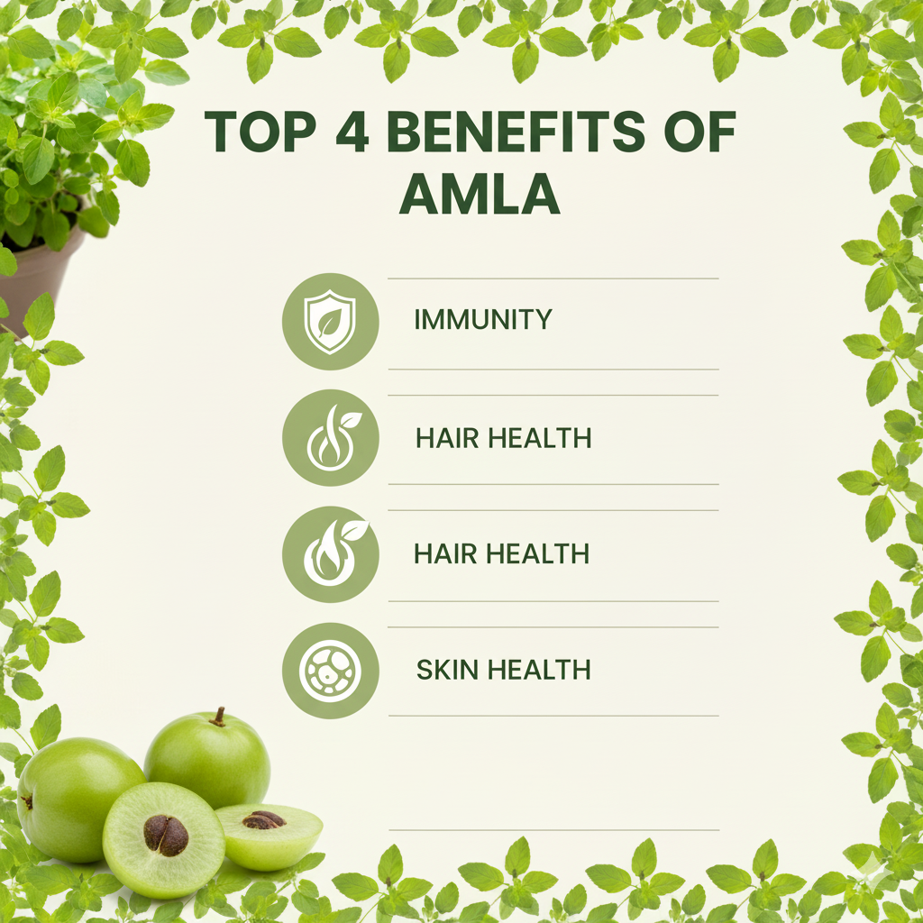 Infographic-style image showing health benefits of Amla (immunity, hair, skin, digestion