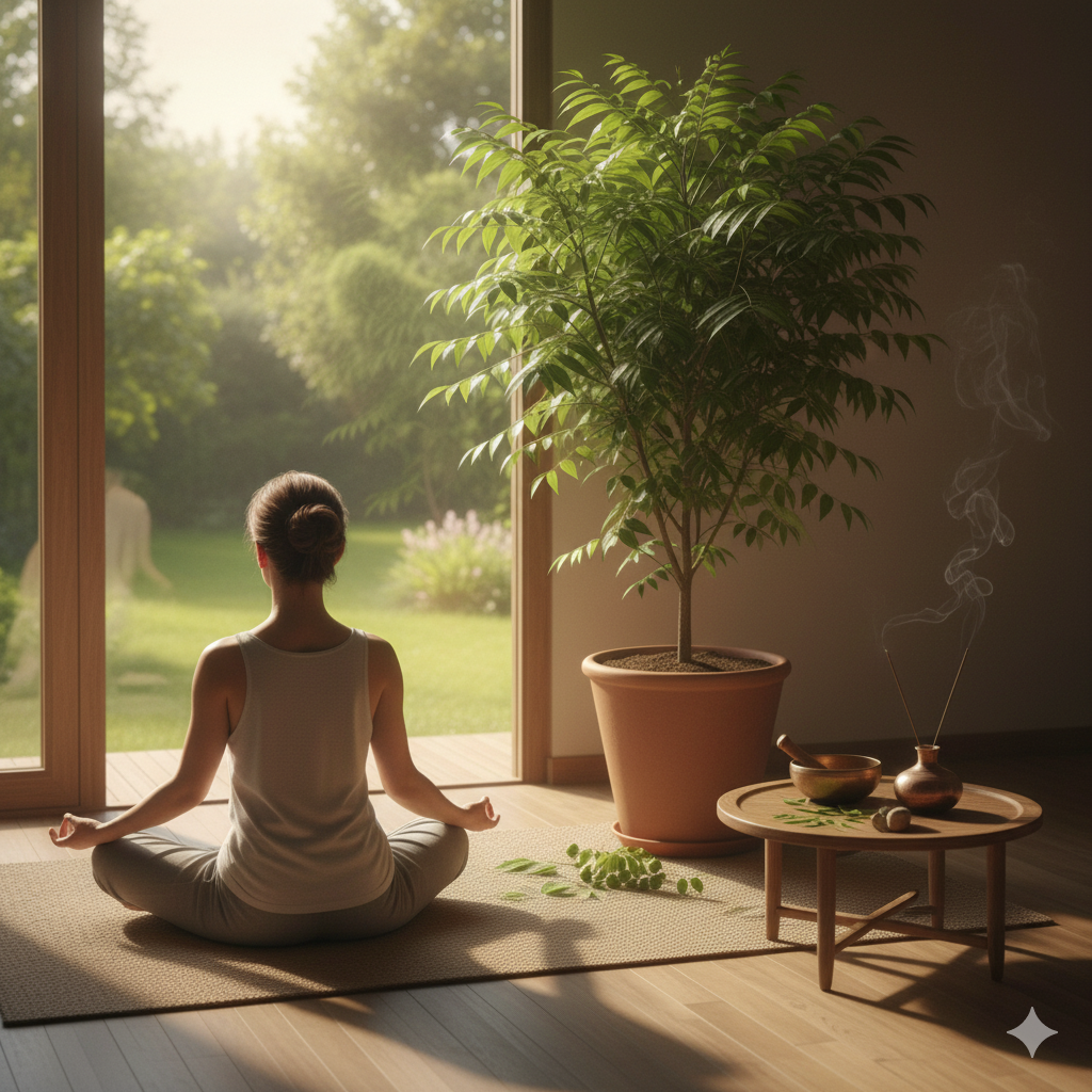 Meditation scene with Neem plant symbolizing holistic living