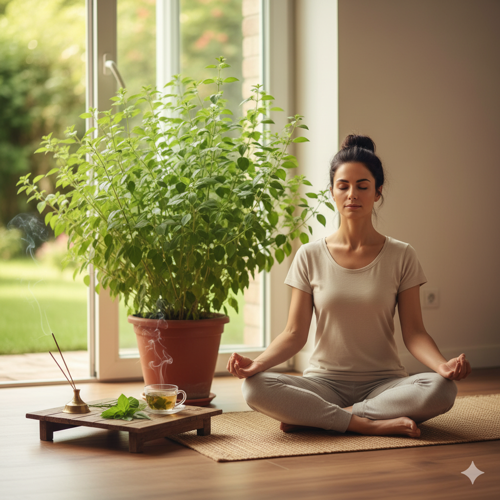 Meditation scene with Tulsi plant in the background symbolizing holistic health.
